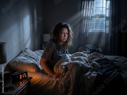 Woman sits up in bed looking distressed while light filters through the window in a dark morning scene.