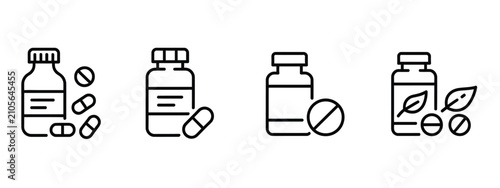 Konstfotografi Medicine bottle and capsules icon set, healthcare pharmacy symbols, antibiotic pills, vitamin supplements, herbal medicine jar, editable stroke vector, isolated on transparent background