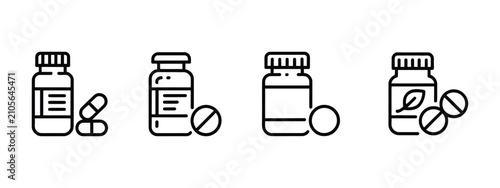 Obraz na płótnie Medicine bottle and capsules icon set, healthcare pharmacy symbols, antibiotic pills, vitamin supplements, herbal medicine jar, editable stroke vector, isolated on transparent background