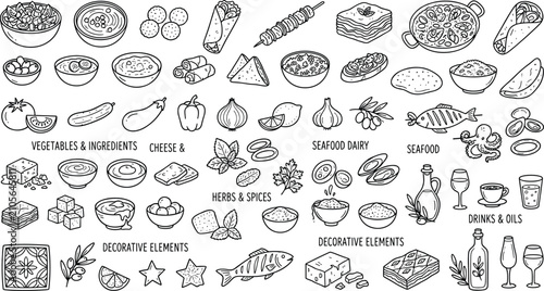 Foto Mediterranean Food Icon Set Hand Drawn Vector Illustration