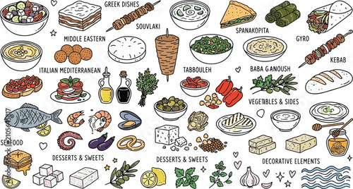 Photos Mediterranean Food Doodle Set Hand Drawn Vector Illustration