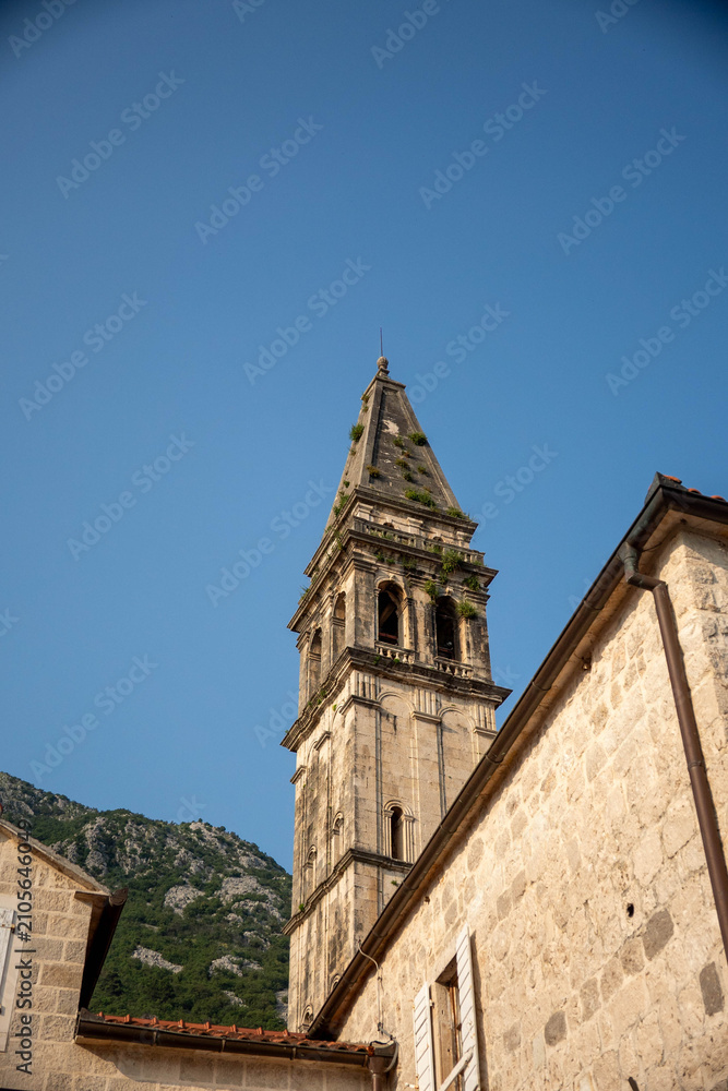 Fototapeta premium Steeple of St Nicholas Church, in Perast, Montenegro