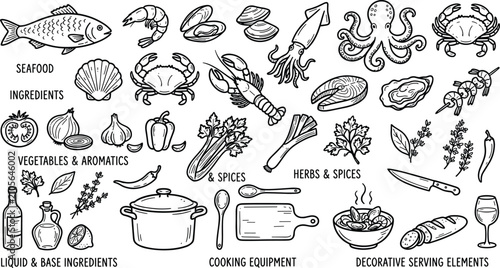 Obraz na płótnie Seafood stew doodle ingredients set vector