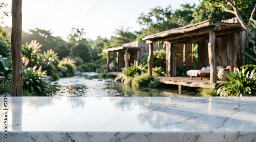 Fototapeta premium Marble Counter with Tropical River and Wooden Cabanas for Product Display