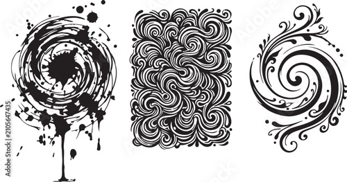 Three Decorative Black and White Swirl and Ink Graphics