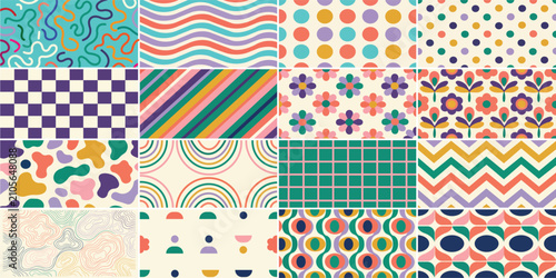 Photos Retro Geometric Patterns Galore: A vibrant collection of twelve distinct retro geometric patterns, showcasing a lively palette of pastel and bold colors, evoking a sense of playful nostalgia