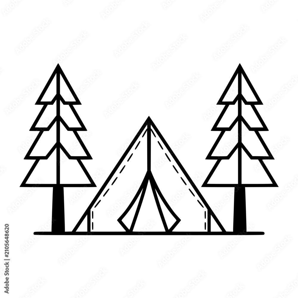 Fototapeta premium Minimalist camping tent icon between two pine trees, simple outline vector illustration