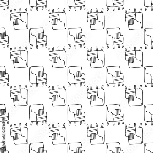 Minimalist seamless pattern with cozy armchairs in hand drawn black and white vector style. Repeating furniture background for home decor projects.