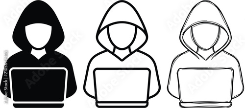Set of computer hacker icons in solid outline sketch styles with computer security anonymous illustration technology identity internet