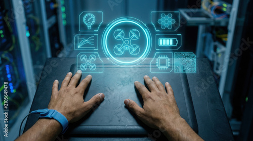 Close-up of olive skinned hands on a calibration touchpad with a blue anti-static wrist strap and a floating futuristic holographic drone control interface in a server room