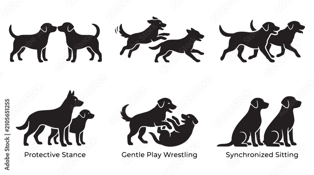 Fototapeta premium Dog Body Language Illustrations Showing Different Social Behaviors Between Canines