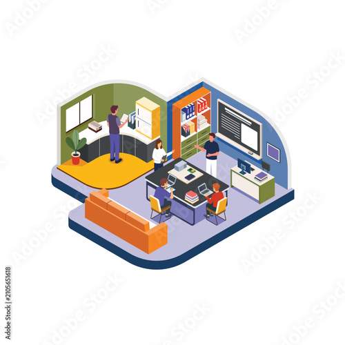 Isometric Training Session Illustration with Students Learning on Laptops and Books