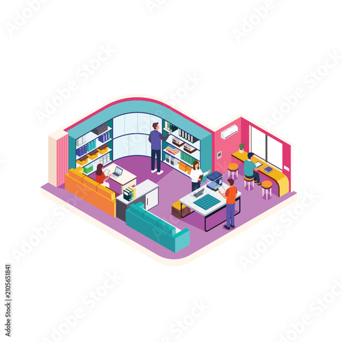 Isometric Library Study Room with Students Reading Books and Using Laptops