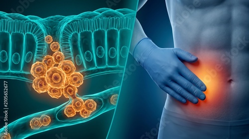 Colorectal cancer colon tissue cross section with tumor invasion, lymphatic spread and human abdomen pain visualization