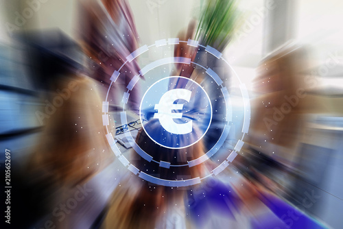 Business people discuss finance in an office with a digital euro symbol during a meeting