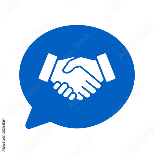 A blue speech bubble icon featuring a white handshake symbol