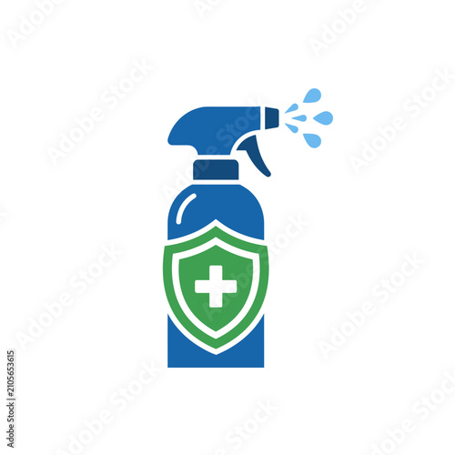 A blue spray bottle icon with a green protective shield symbol