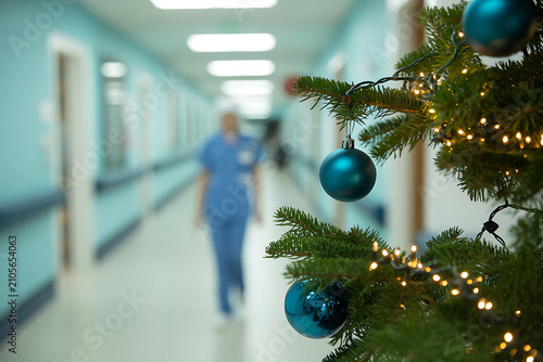 Hospital hallway decorated for christmas with nurse walking in background hospital corridor