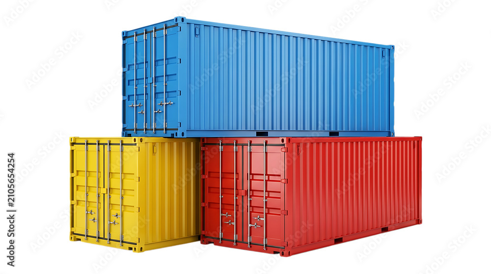 Fototapeta premium Three stacked shipping containers in blue, yellow, and red colors, isolated on a white background, for freight and, global logistics industry concepts isolated on a transparent background