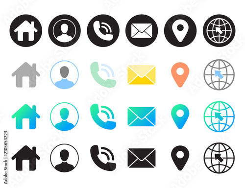 Business card icon set. Containing contact information, name, address, phone, e-mail, location, website, telephone, mail and more. Vector illustration.