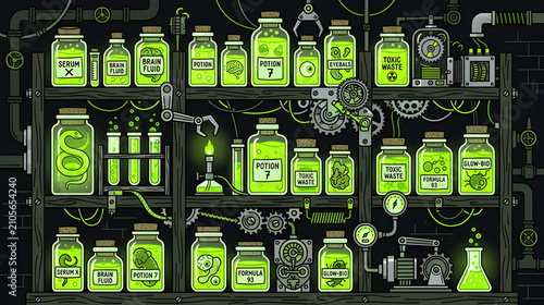 Mad Scientist Laboratory Shelves with Green Toxic Potion Jars Vector