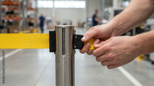 Industrial worker setting up a retractable yellow safety barrier in a large manufacturing warehouse
