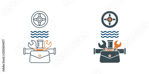 Plumbing service tools with a valve and wrench inside a toolbox icon set for repairs
