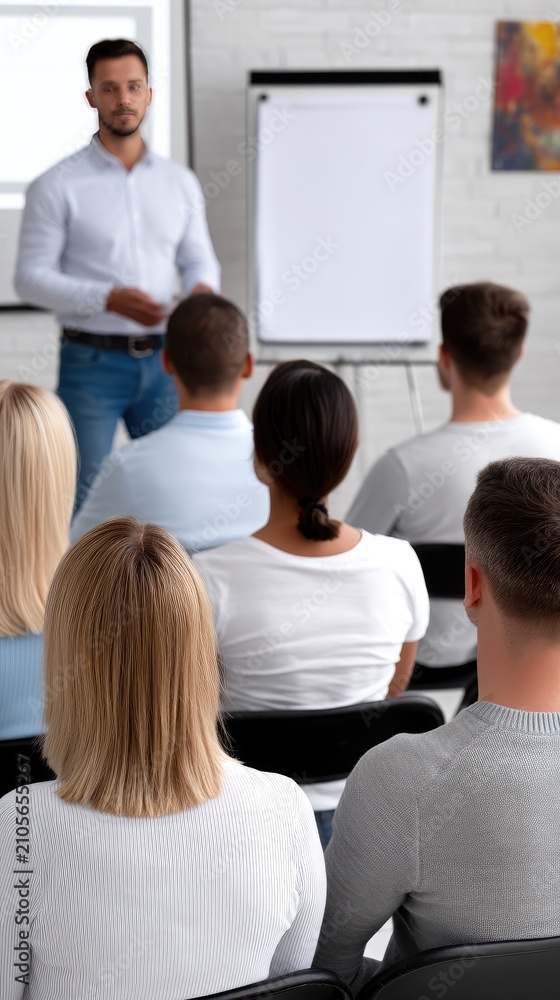 Fototapeta premium Diverse group of students listen to an instructor during a lecture in a bright classroom setting