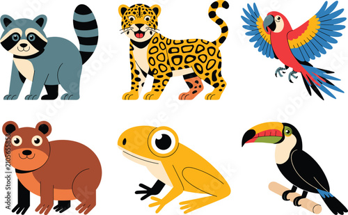 Canvas Print Cute Jungle Wild Animals Cartoon Collection with Tropical Birds and Frog Vector
