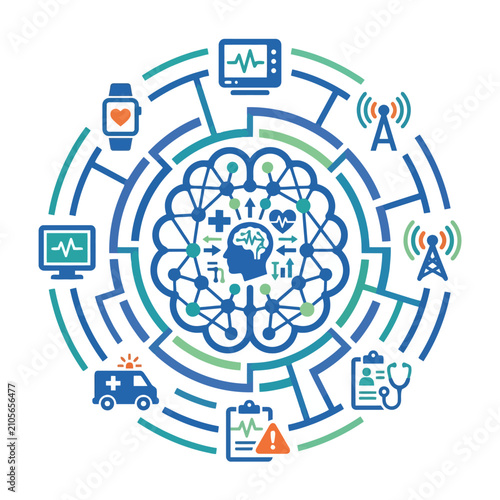 A circular medical network diagram with a central human brain icon