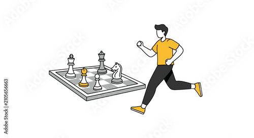 Fotografie Cartoon man running past chess board illustration.