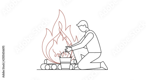 Картината върху платно Man cooking food over open campfire flames.