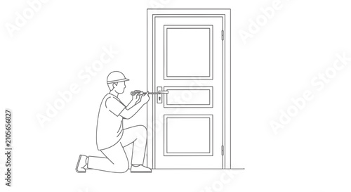 Handyman installing door lock with drill.