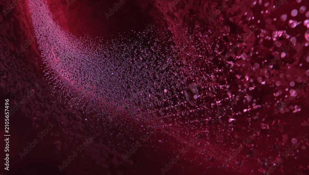 Fototapeta premium Arcing magenta particle ribbon sweeping across abstract macro, with bokeh orbs and maroon backdrop