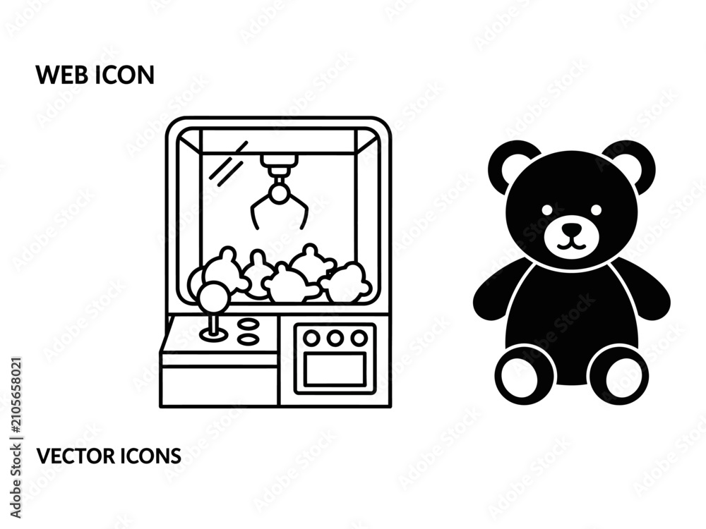 Obraz premium Claw machine and teddy bear silhouette icon set playful arcade game and prize illustration