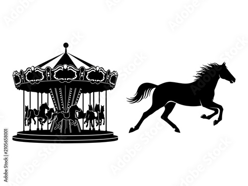 Schilderij op canvas Vintage carousel and galloping horse silhouette a nostalgic fairground scene