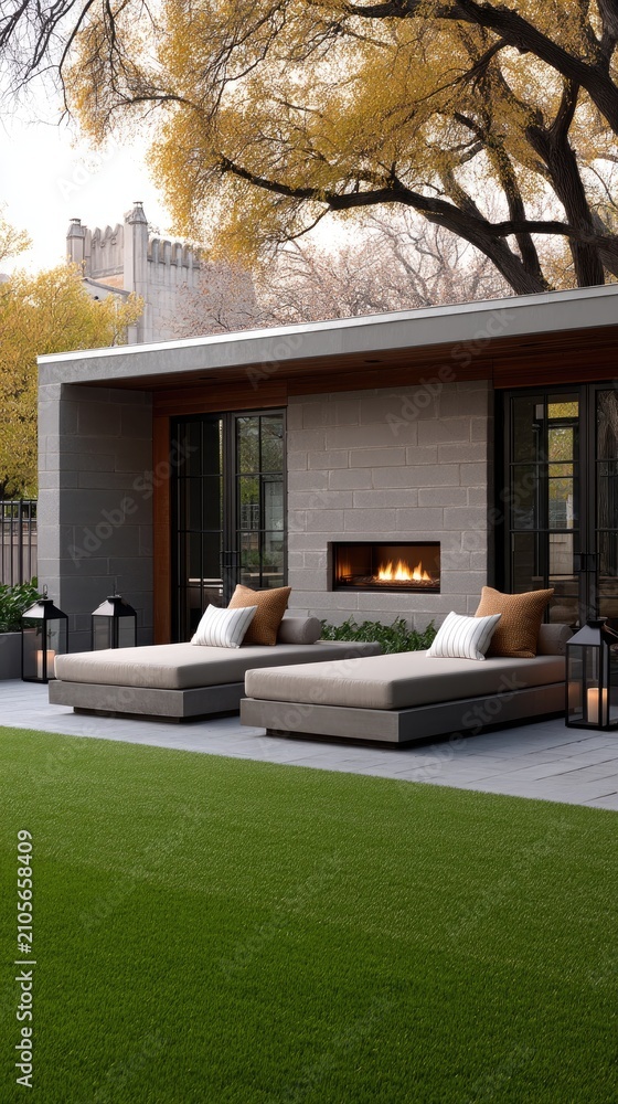 Obraz premium Contemporary outdoor living space featuring a fireplace, daybeds, and green lawn surrounded by trees