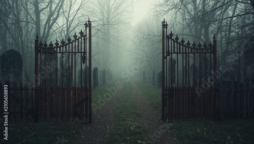Framing ornate wrought-iron gates standing ajar at graveyard entrance, with path and headstones