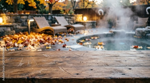 Autumn Backyard Hot Tub with Falling Leaves and Wooden Deck for Relaxation Concept