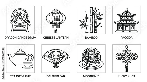 Chinese culture icons featuring dragon dance drum lantern bamboo pagoda teapot cup folding fan mooncake lucky knot graphic set for asian heritage.