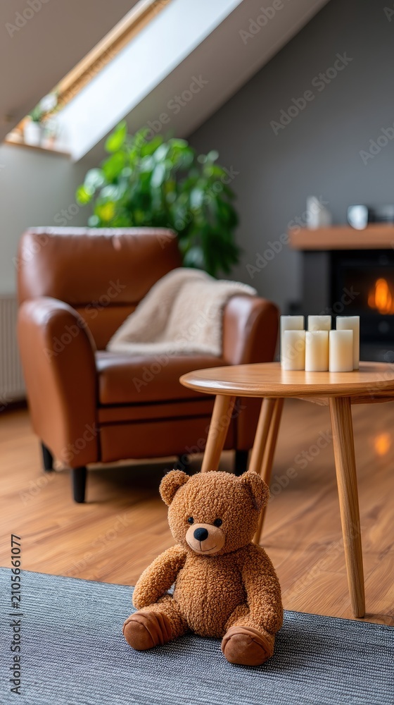 Obraz premium Warm interior setting with leather armchair, lit candles on a table, teddy bear slippers on a rug, and fireplace in the background