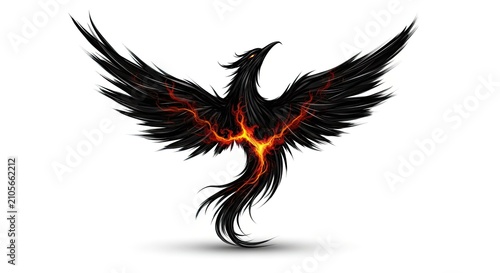 Digitally created majestic phoenix, black feathered, fiery core, wings spread, white background