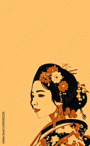 Obraz na płótnie Beautiful vector illustration of a traditional Japanese geisha woman with floral hair ornaments, stylized in warm orange and brown tones