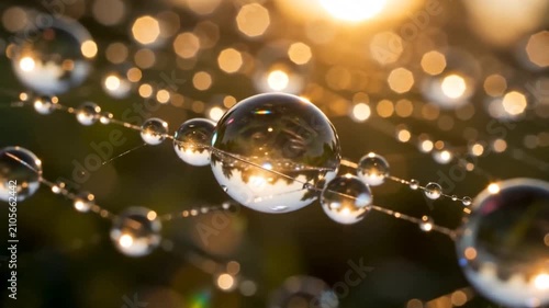 Morning sunlight shines on dew drops on a spider web in a garden showcasing nature