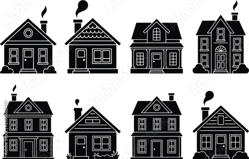 Set of house icons. Black silhouette residential buildings for real estate design.