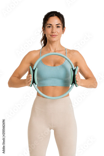 Woman exercising with a fitness ring isolated on transparent background