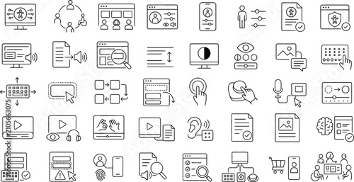 Digital Accessibility, Inclusive UX and Assistive Technology Outline Icon Set
Collection of 40 digital accessibility and inclusive UX outline icons featuring assistive technology, screen readers, keyb