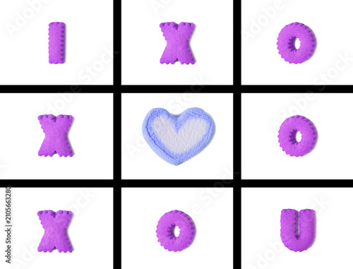 Lavender Typography of I LOVE U in Tic Tac Toe Game made with alphabet shaped cookies and marshmallow on transparent background, png file