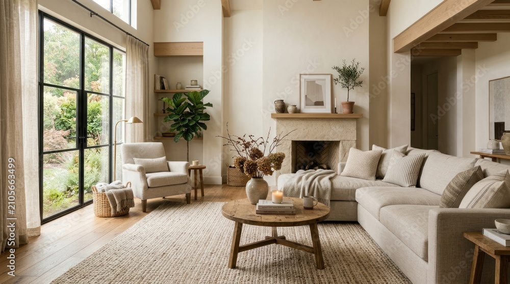 Fototapeta premium A cozy living room with a beige sofa, white walls, and a fireplace. The room has a wooden floor and a large window with a view of a garden.