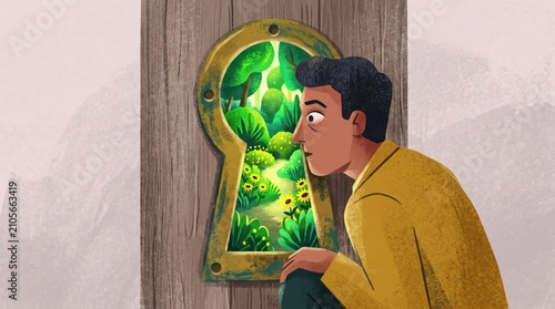 A curious man looking closely through a large keyhole that reveals a beautiful, lush green forest on the other side, symbolizing discovery and curiosity.